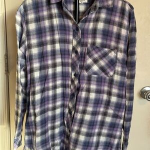 beachlunchlounge XS Flannel Plaid Button-Down Shirt Fringe Hem Grunge Surfer